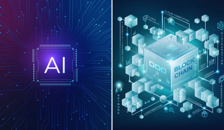 Dashboard AI e blockchain che mostra analisi machine learning e sistemi decentralizzati.