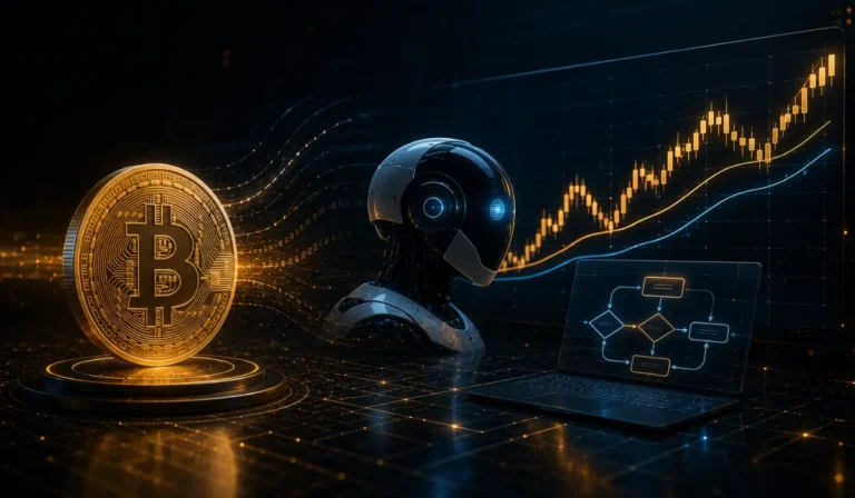Grafico moderno con candele giapponesi e indicatori di trading crypto