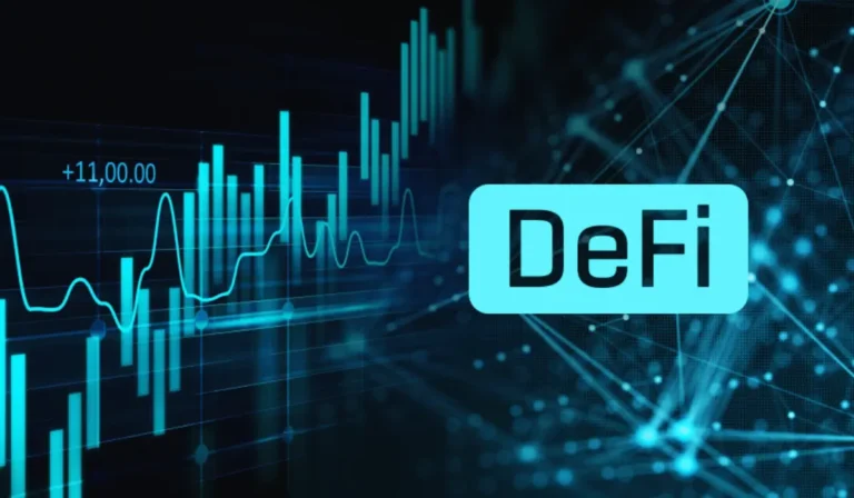 Illustration DeFi avec blockchain et cryptomonnaies.