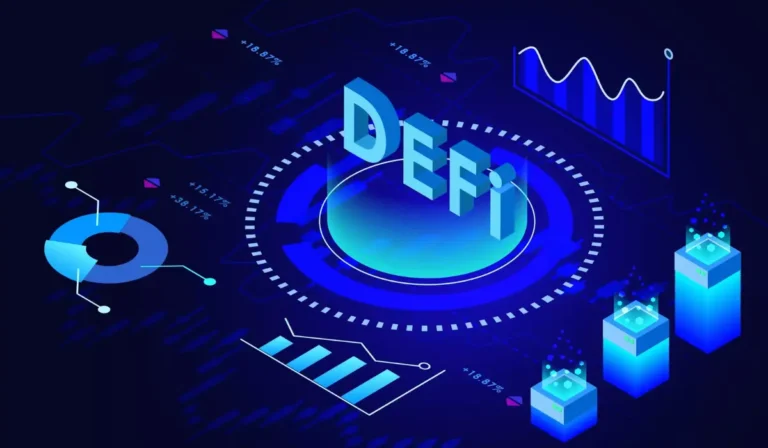 Red blockchain DeFi con protocolos interconectados.