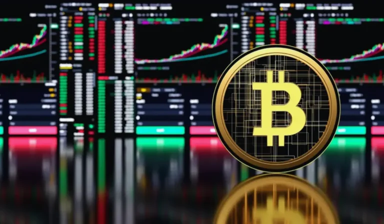 Digitale Bitcoin-Währung mit Marktdaten im Hintergrund