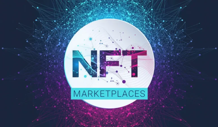 Illustration futuriste d’une marketplace NFT en 2026 dans un espace virtuel lumineux.