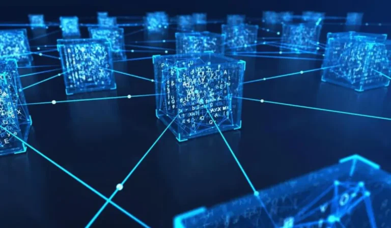 Red blockchain futurista fusionada con neuronas de IA.
