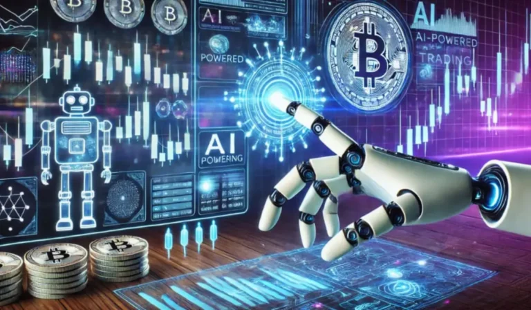Grafico di trading con AI e blockchain che analizzano i mercati finanziari in tempo reale